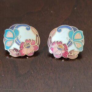 Vintage Cloisonne Pierced Earrings Butterfly flower flowers white blue pink art
